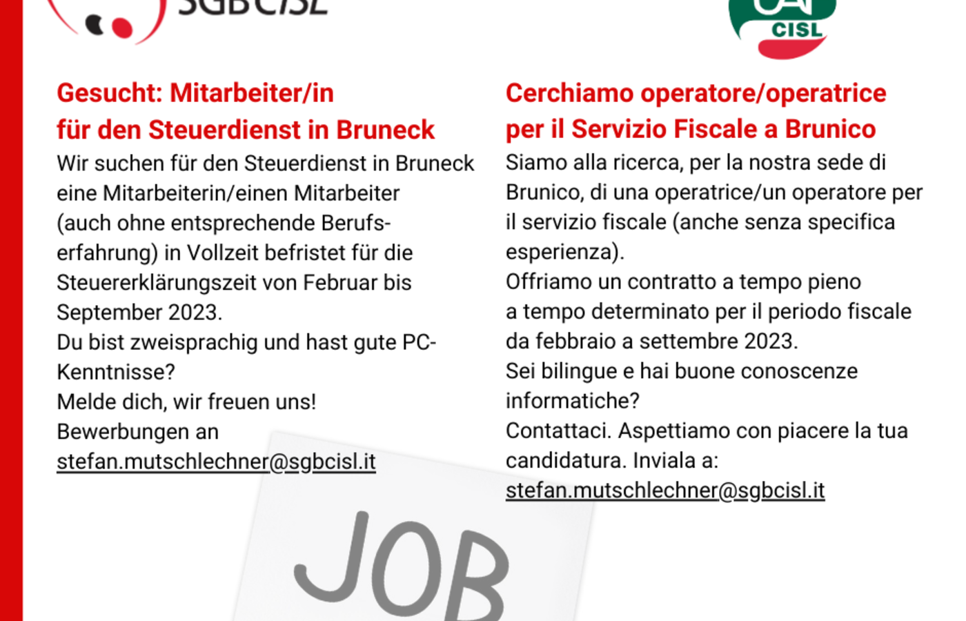Mitarbeiter/innen für Brixen und Bruneck gesucht